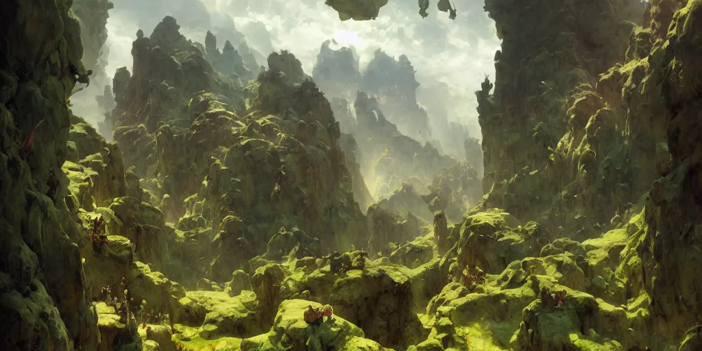 Image similar to huge cave ceiling clouds made of green earth towns, industry, steampunk villages castles, buildings inverted upsidedown mountain artstation illustration sharp focus sunlit vista painted by ruan jia raymond swanland lawrence alma tadema zdzislaw beksinski norman rockwell tom lovell alex malveda greg staples