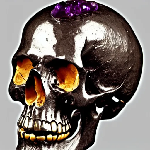 Image similar to human skull made of obsidian and amethyst, gold runic carvings