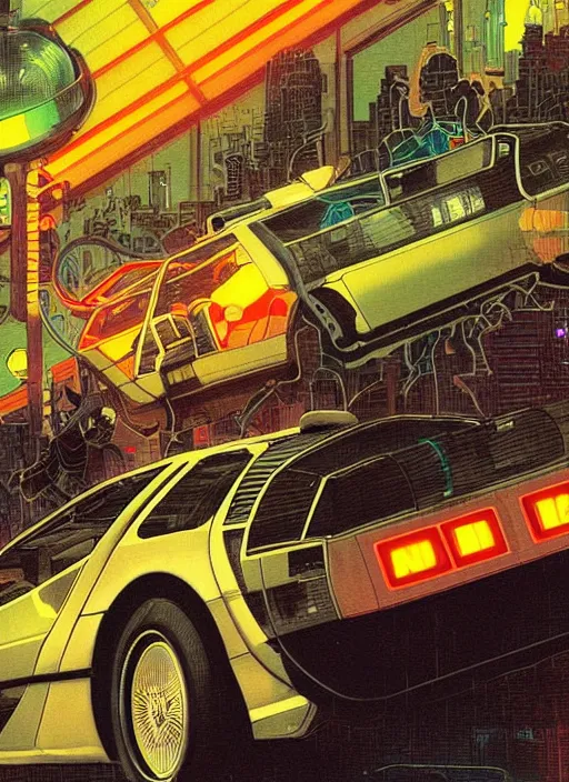 Image similar to portrait of a cyborg boy and a cyborg girl driving a delorean car in the middle of futuristic tokyo at night. diffuse neon light, dramatic landscape, fantasy illustration, matte painting by mucha