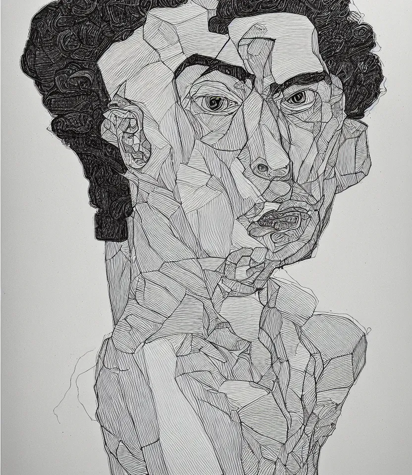 Image similar to detailed line art portrait of allens ginsberg, inspired by egon schiele. caricatural, minimalist, bold contour lines, musicality, soft twirls curls and curves, confident personality, raw emotion