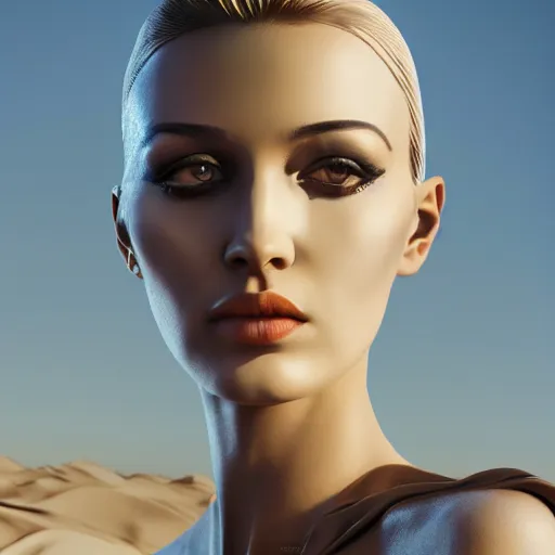 Image similar to avant-garde art, deco fashion, highly detailed, photorealistic portrait, serene desert, afternoon hour, crisp quality and light reflections, unreal engine 5 quality render