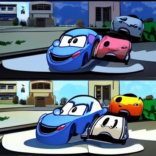 Image similar to a before and after shot of a cartoon car accident, hd cinematic cartoon,