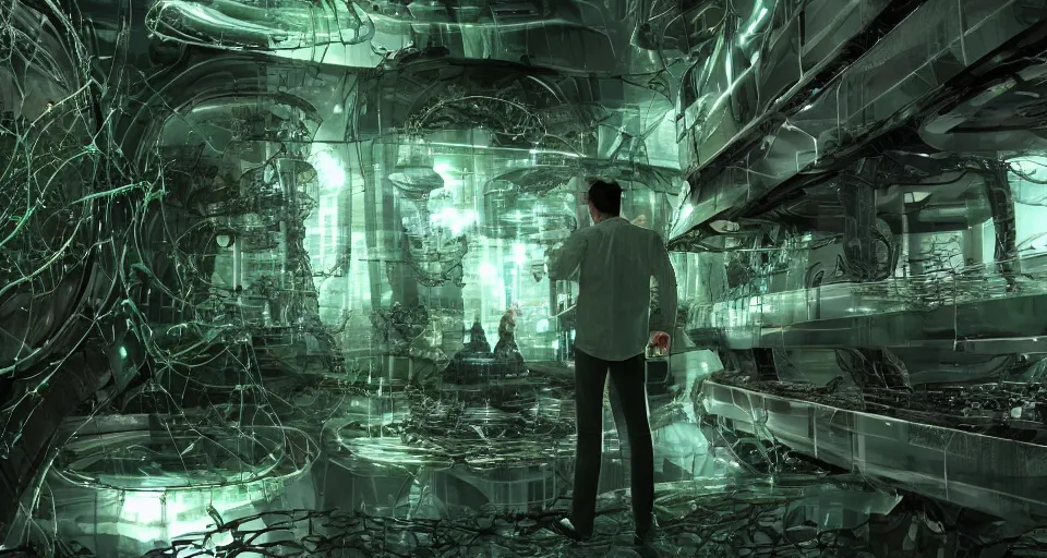 Prompt: a 1 8 mm photo realistic render of a scientist looking at a metal wall of green transparent biomechanical pods with different species of creatures inside, 4 k, unreal engine, concept art, matte painting, cosmic horror, nightmare,