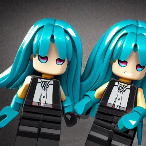 Prompt: hatsune miku holding hands with the lego guy, trending on artstation, 4k