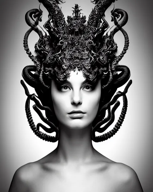 Image similar to dark background, a black and white high quality dreamy photo of a young beautiful female queen-dragon-vegetal-cyborg bust with a very long neck and delicate Mandelbrot fractal face, elegant, highly detailed, flesh highly baroque ornate, hair are curled wired cables, elegant, poetic, soft, dreamy, mysterious, high fashion, rim light, in the style of Ellen von Unwerth, Realistic, Refined, Digital Art, Highly Detailed, Cinematic Lighting, rim light, black and white, photo-realistic, 8K