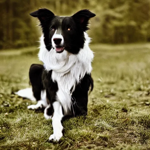 Image similar to Border Collie, splash art, movie still, cinematic lighting, dramatic, octane render, long lens, shallow depth of field, bokeh, anamorphic lens flare, 8k, hyper detailed, 35mm film grain