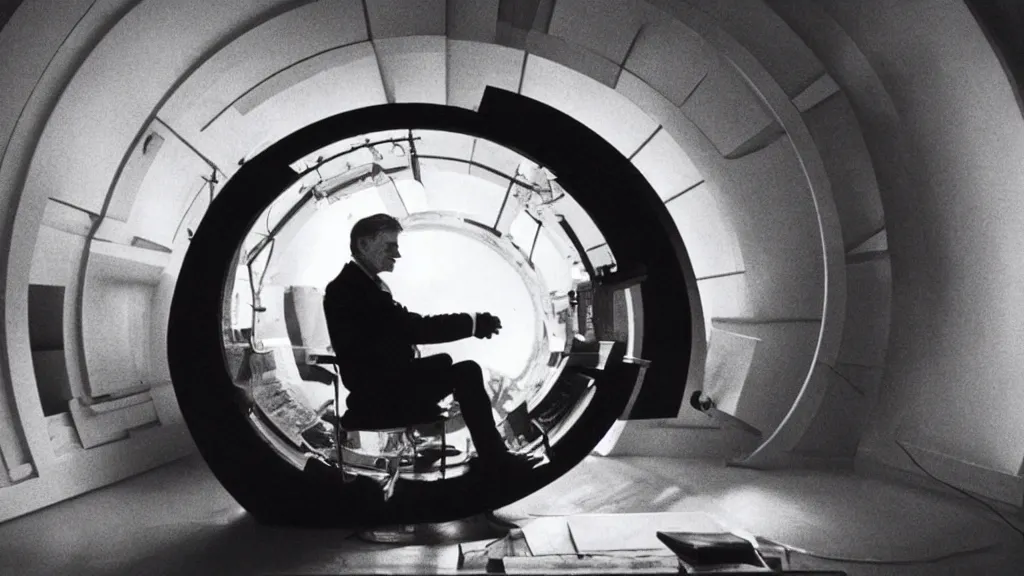 Image similar to an mri image of james cavell in the living room, film still from the movie directed by denis villeneuve with art direction by salvador dali, wide lens