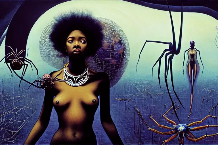 Image similar to realistic detailed photorealistic film portrait shot of a beautiful black woman with a giant spider, sci-fi city landscape background by Denis Villeneuve, Amano, Yves Tanguy, Alphonse Mucha, Ernst Haeckel, Max Ernst, Andrei Tarkovsky, Edward Robert Hughes, Roger Dean, necklace, dynamic pose, rich moody colours, wide angle, blue eyes