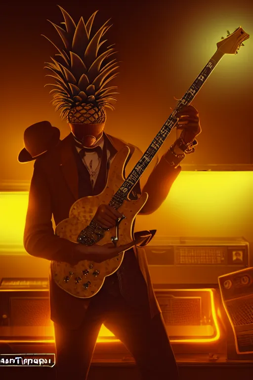 Image similar to a steampunk pineapple, playing electric guitar at a night club, focus on the musicians, cinematic lighting, exaggerated detailed, unreal engine, octane render, trending on artstation, art by greg rutkowski, 4 k