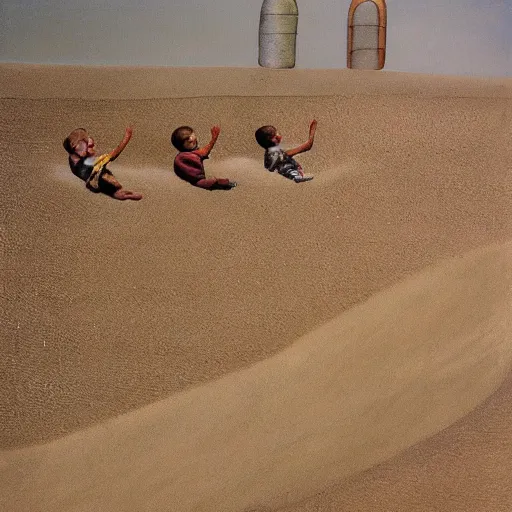 Image similar to children crawling up pillars of desert sand, Surrealist paintings