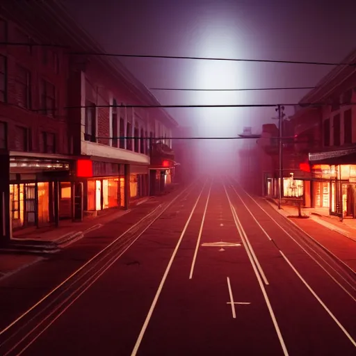 Image similar to A stunningly beautiful award-winning 8K high angle from 3rd floor cinematic movie photograph looking down diagonally across a spooky foggy empty lightless moonlit main street intersection in an abandoned 1950s small town at night. perfect composition, moody low key backlit. Color palette from Seven, greens yellows and reds. 2 point perspective. Octane render