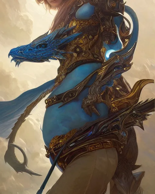 Image similar to Portrait of a Fantasy azure dragon hunter, HD, illustration, epic, D&D, fantasy, intricate, elegant, highly detailed, digital painting, artstation, concept art, smooth, sharp focus, illustration, art by artgerm and greg rutkowski and alphonse mucha