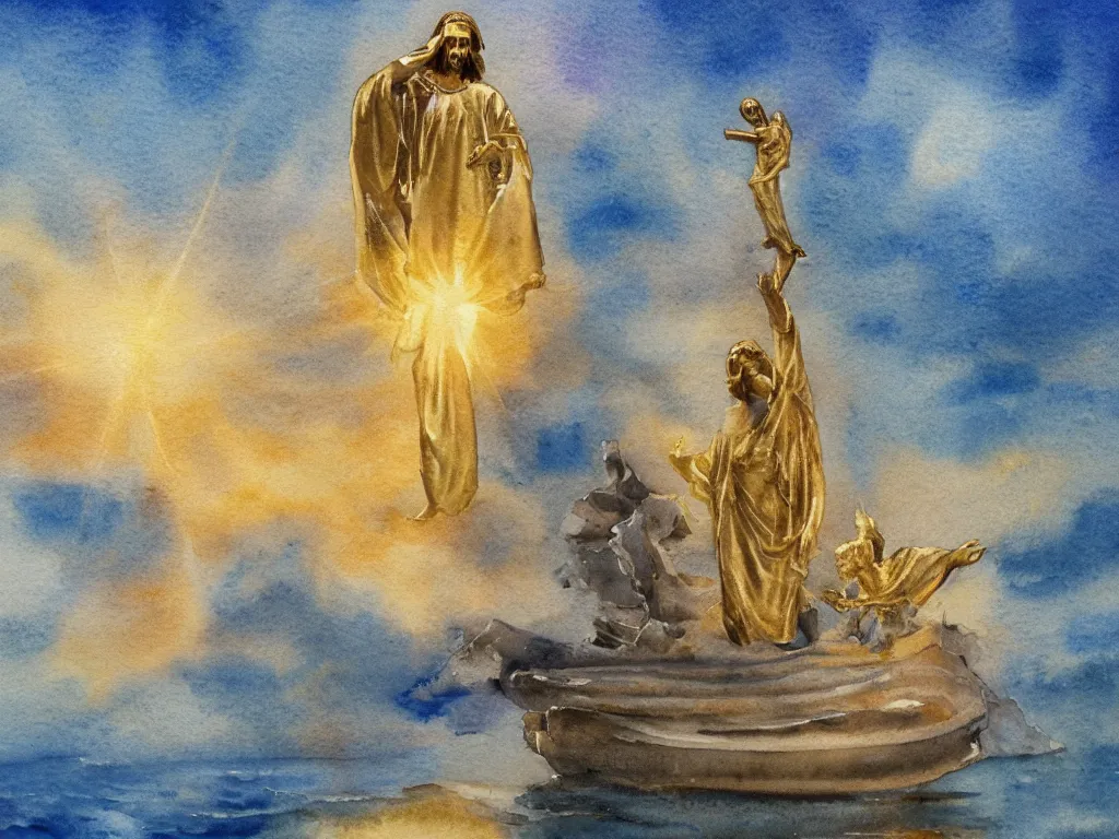 Image similar to a watercolor painting of a golden statue of jesus in the middle of an ocean with a beam illuminating it, detailed