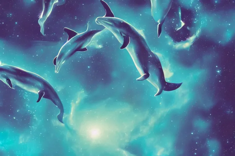 Image similar to a group of cosmic dolphins jumping out of a cosmic ocean in space, half of the screen is cosmic ocean