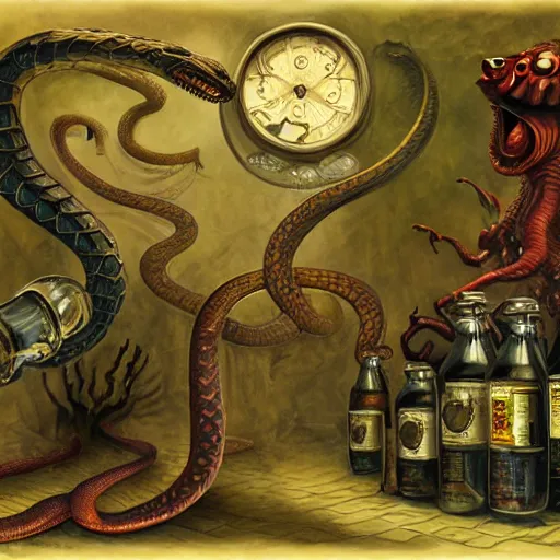 Image similar to a grinning anthropomorphic snake selling bottles of medicine, fantasy, steampunk, dave mckean, hr giger, peter mohrbacher, wayne barlowe