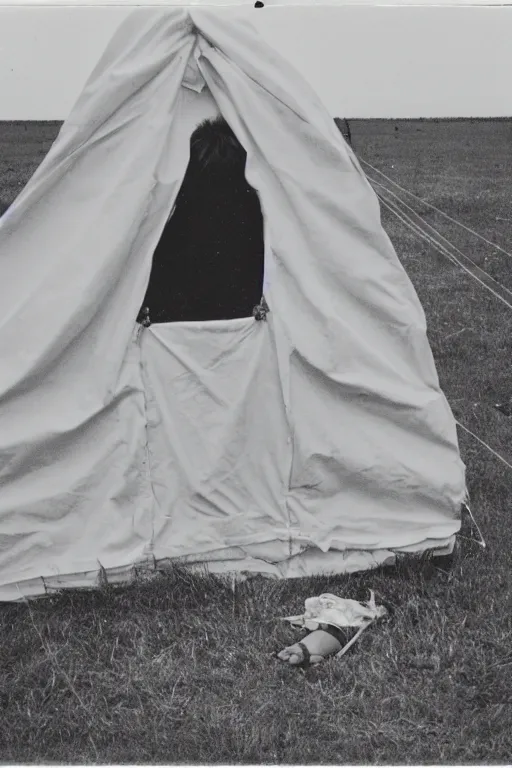 Image similar to photo polaroid of a sad and lonely child in a white coat and barefoot stands in the middle from behind the camera many big tents of field hospitals, pandemic, covid, loneliness, black and white ,photorealistic, 35mm film,