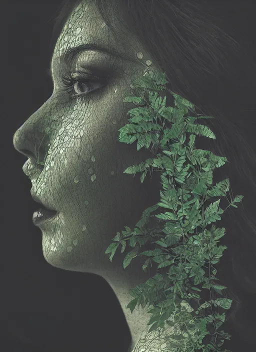 Image similar to a woman's face in profile, made of luminescent foliage, in the style of the Dutch masters and Gregory Crewdson, dark and moody, plain black background