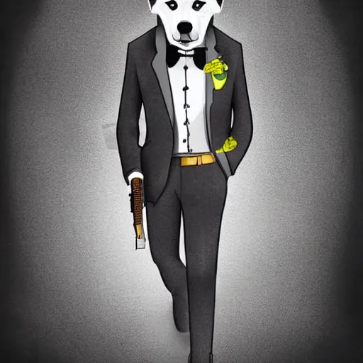 Image similar to a man with a husky's face wearing a suit and holding a gun, Digital art, intricate details, illustration