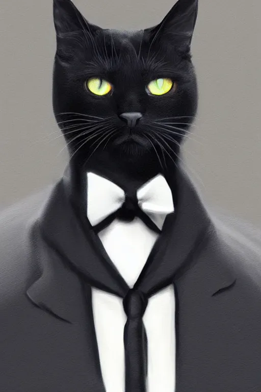 Image similar to a black cat wearing a overcoat portait photo profile picture hyperrealist concept art digital art