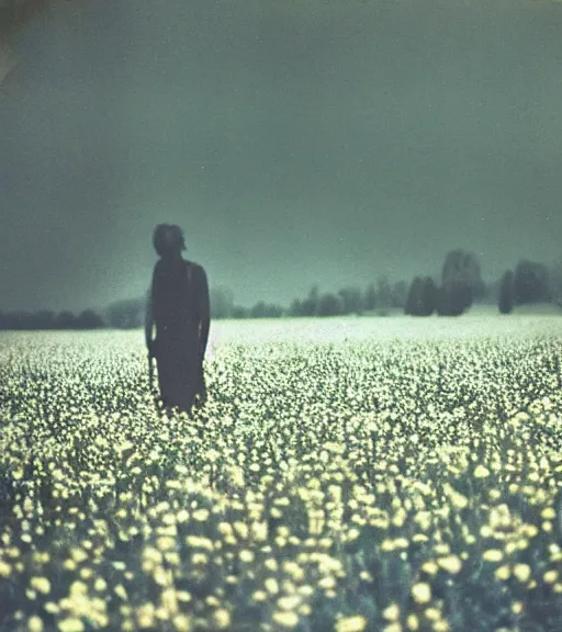 Image similar to mystical death god standing in tall meadow of flowers, distant, vintage film photo, grainy, high detail, high resolution