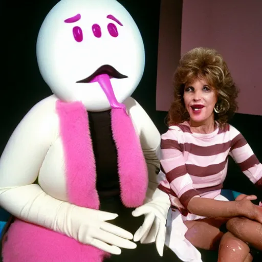 Prompt: 1985 two women on tv talk show wearing an inflatable long prosthetic snout nose made of gooey pink slime, soft color wearing stripes sitting on chairs covered in soft fabric, pink slime everywhere, grey striped walls, studio lighting 1985 color film archival footage holding a hand puppet that looks like Caspar the Friendly Ghost, 16mm John Waters Russ Meyer Cassavetis Doris Wishman