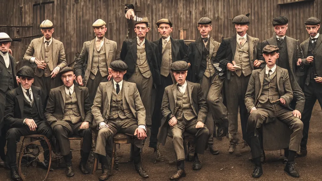 Image similar to a group of human peanuts dressed like the peaky blinders