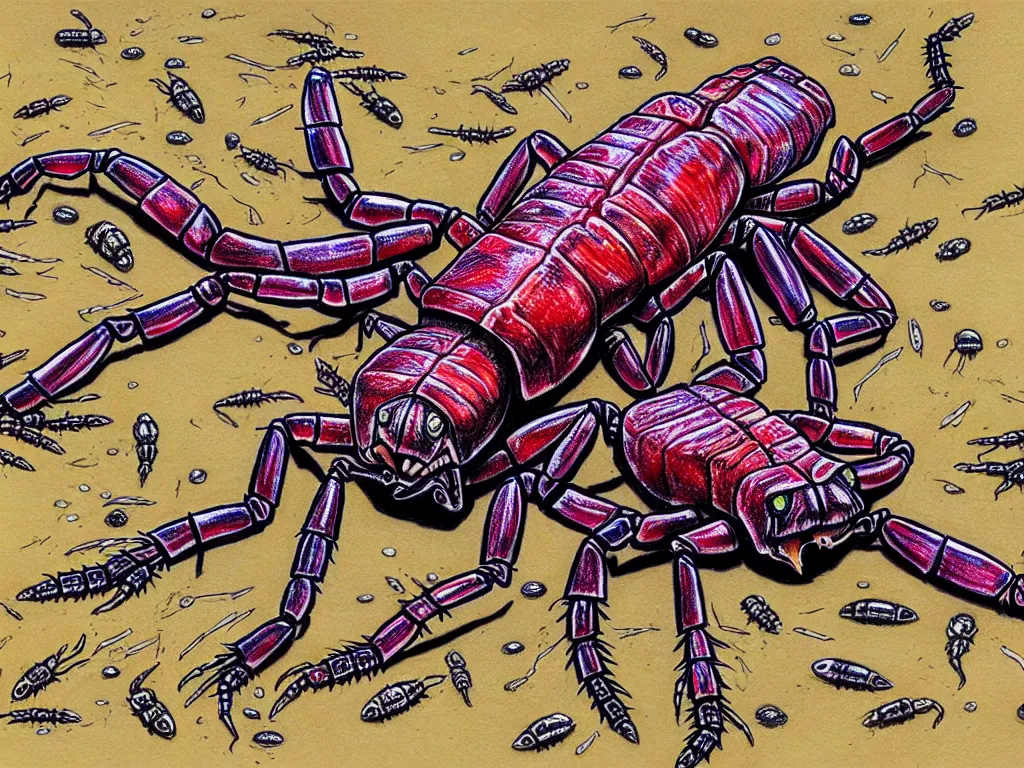 Prompt: australia invaded by scorpions in the future ball point pen art