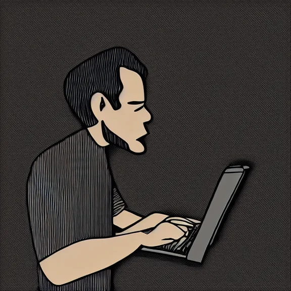 Image similar to vector illustration of a man frustrated with a computer, moody lighting, 4 k, 8 k ultra high definition