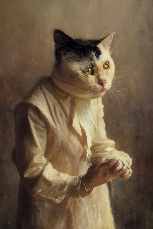 Prompt: a portrait of a cat dressed as a cook, high detail, cleary see face, by gaston bussiere, bayard wu, greg rutkowski, odd nerdrum, maxim verehin, dan dos santos, masterpiece, sharp focus, cinematic lightning