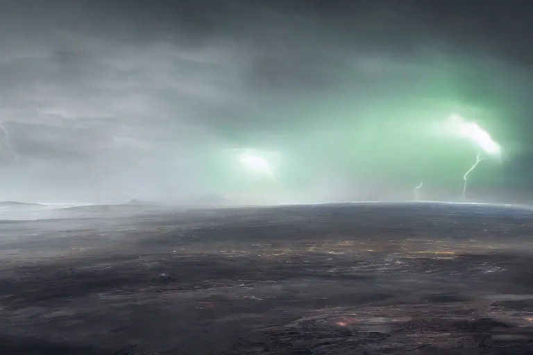 Prompt: a cinematic portrait of a cargo starship designes by rob cobb, landing in a mars base, green clouds and lightning storm, ridley scott and zack snyder, 8 k, hd, high resolution, 8 5 mm, f / 1. 8