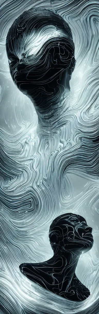 Image similar to epic illustration, digital abstract sculpt of beautiful female face silhouette and black swirling concrete acrylic portrait, black latex sculpt, octane render, mechanical superstructure, sacred geometry, glowing edges, magic hour, beautiful light, sculpture of carving marble, dark colors, dark mood, one point light, clockwork, epic matte painting, concept art, bokeh, digital painting, artstation