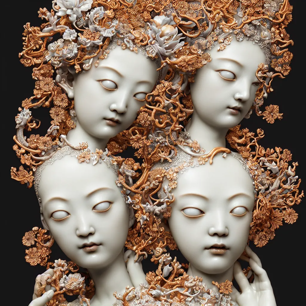 Image similar to The Goddess of Beauty, A Close up photo-real delicate ceramic porcelain sculpture of an ornate detailed in front of an intricate background by Victo Ngai and takato yamamoto, micro detail, backlit lighting, face in focus, subsurface scattering, translucent, thin porcelain, octane renderer, colorful, physically based rendering, japanese pottery, trending on cgsociety