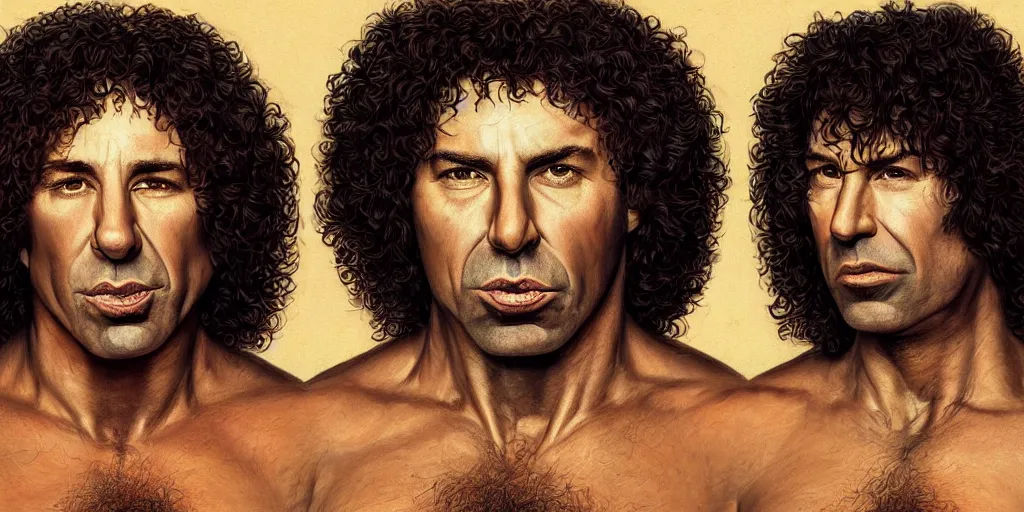 Prompt: Morph of Joe Rogan and Howard Stern in the style of Boris Vallejo, portrait, intricate, highly detailed, concept art, smooth, sharp focus