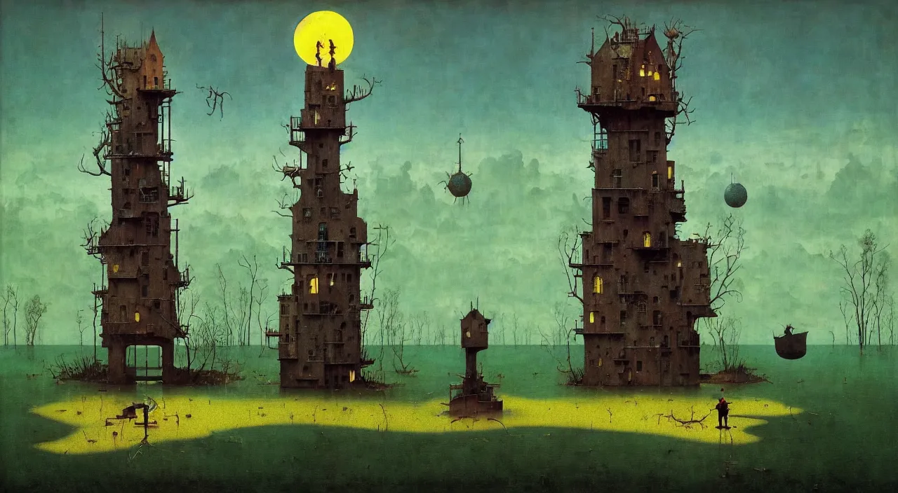 Prompt: single flooded simple!! metal tower, very coherent and colorful high contrast masterpiece by norman rockwell franz sedlacek hieronymus bosch dean ellis simon stalenhag rene magritte gediminas pranckevicius, dark shadows, sunny day, hard lighting