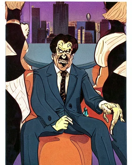 Prompt: sinister male antagonist in suit, wealthy high - rise apartment, artwork by ralph bakshi