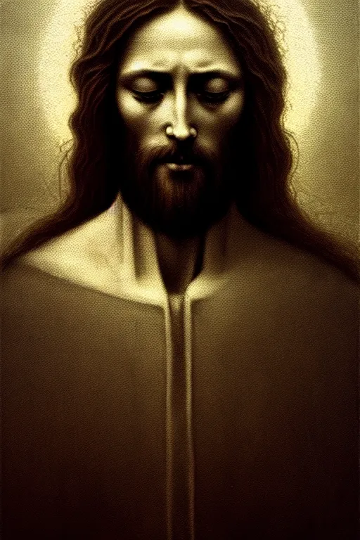 Prompt: jesus portrait, in the style of beksinski, solarpunk, atmospheric, clean, intricate and epic composition, gray by caravaggio, insanely quality, highly detailed, masterpiece, white light, artstation, 4 k