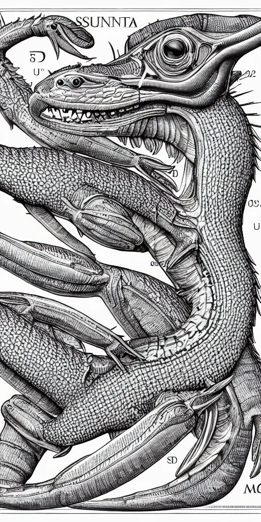 Image similar to squamata schematic, ultra detailed, 4 k, intricate, encyclopedia illustration, fine color inking lines