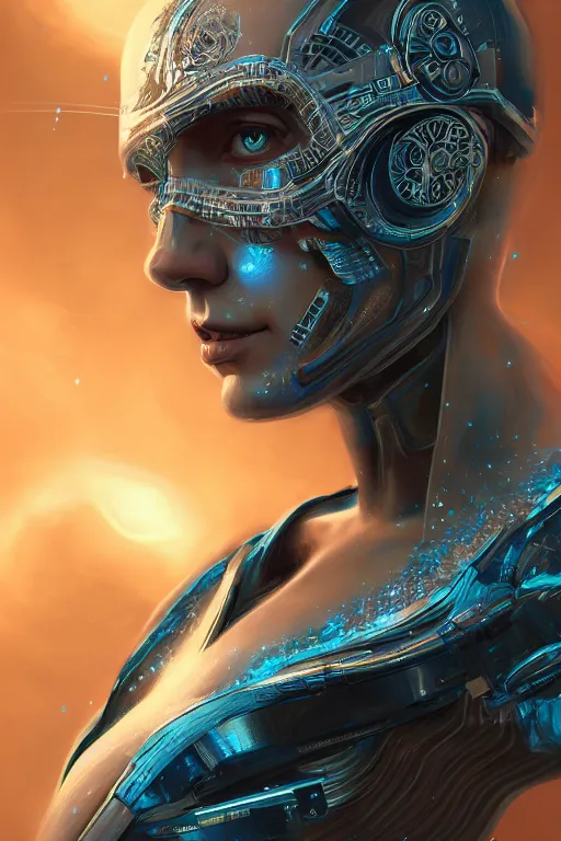 Image similar to portrait of a space cyborg, 3d, third person, lasers, cosmic background, fantasy, intricate, elegant, highly detailed, lifelike, photorealistic, digital painting, artstation, illustration, concept art, sharp focus, art in the style of art nouveau