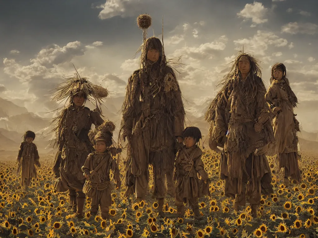 Prompt: a portrait of the mighty sunflower people, a nomadic mongolian tribe that follows the sun in a vast barren valley full of withered helianthus, and build huts using dry roots, by Greg Rutkowski, Sung Choi, Mitchell Mohrhauser, Maciej Kuciara, Johnson Ting, Maxim Verehin, Peter Konig, Bloodborne, macro lens, 35mm, 8k photorealistic, cinematic lighting, HD, high details, atmospheric