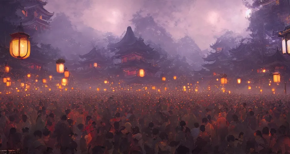 Image similar to craig mullins and ghibli digital art of zhongyuan festival in china ， lanterns in the sky, black night sky, stars, below is the crowd, rivers, villages ， unreal engine, hyper realism, realistic shading, cinematic composition, realistic render, octane render, detailed textures, photorealistic, wide shot