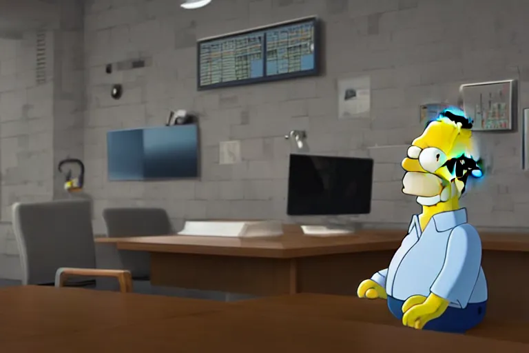 Image similar to Homer Simpson sits at the office table and monitors the fall of Bitcoin and is angry, 3d, CryEngine, 8k, hyperrealism