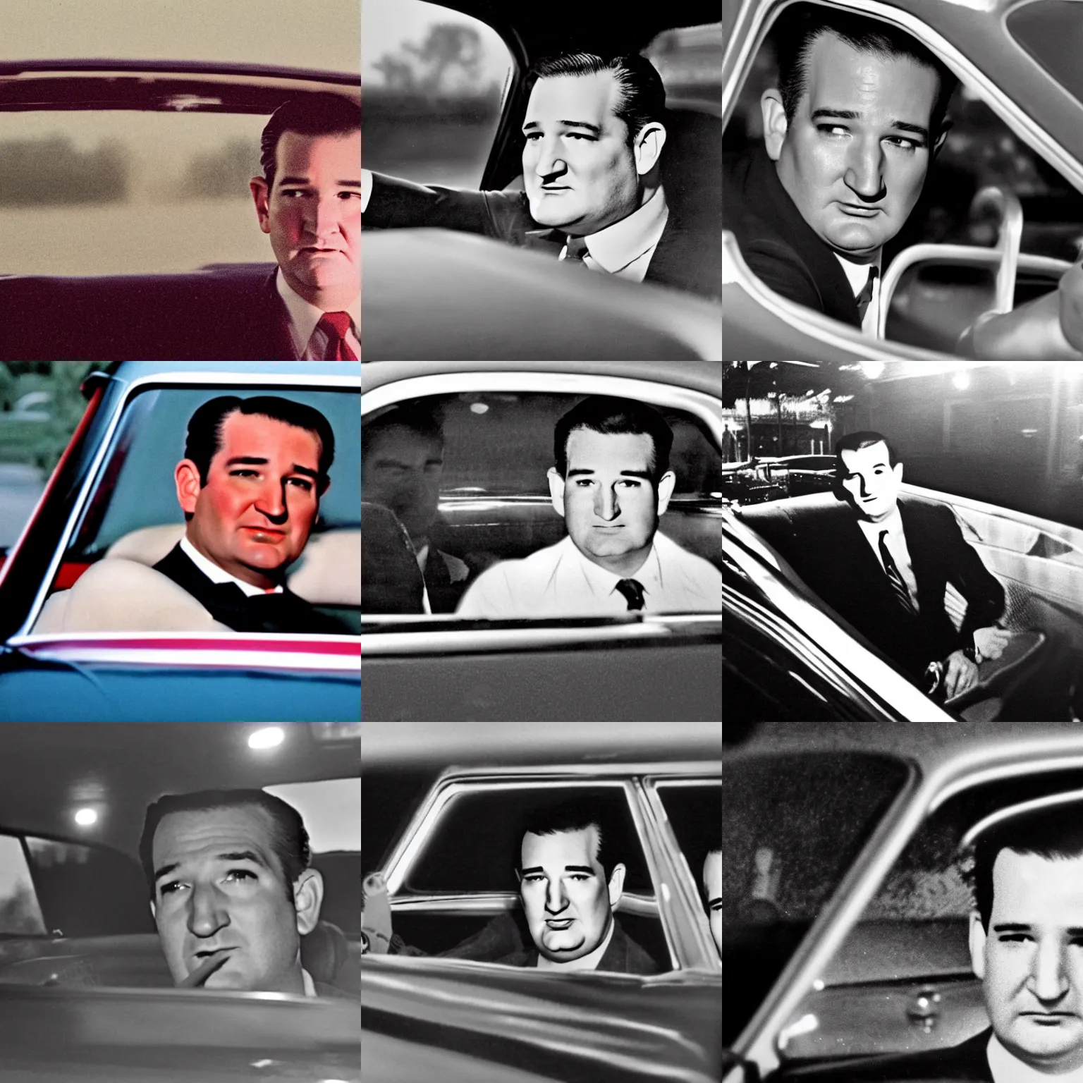 Prompt: Film still of Ted Cruz in a 1960's car late at night with poor visibility, horror, eerie