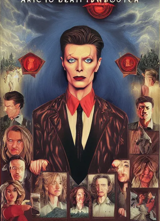 Image similar to twin peaks poster art, portrait of david bowie saw dsicovered the secrets of the black lodge, by michael whelan, rossetti bouguereau, artgerm, retro, nostalgic, old fashioned