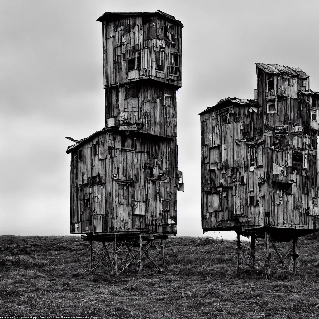 Image similar to high towers, made up of colourful makeshift squatter shacks, bleached, misty, moody sky at the back, dystopia, mamiya, f 1 1, fully frontal view, very detailed, ultra sharp, photographed by roger ballen