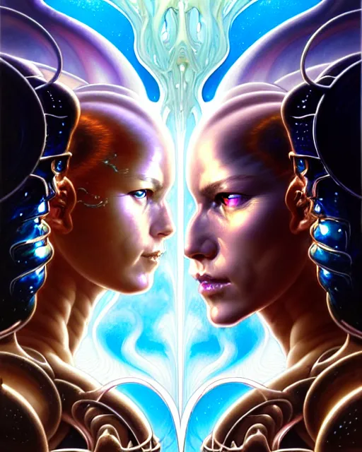 Prompt: a portrait of gemini water and fire fantasy character portrait facing each other, ultra realistic, wide angle, intricate details, the fifth element artifacts, highly detailed by peter mohrbacher, hajime sorayama, wayne barlowe, boris vallejo, aaron horkey, gaston bussiere, craig mullins