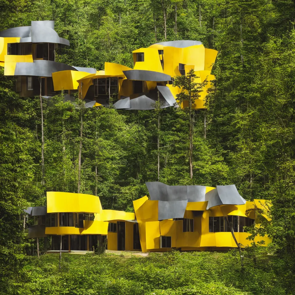 Image similar to architecture ad for a simple house in the forest, designed by Frank Gehry. Big Tiles. Film grain, cinematic, yellow hue