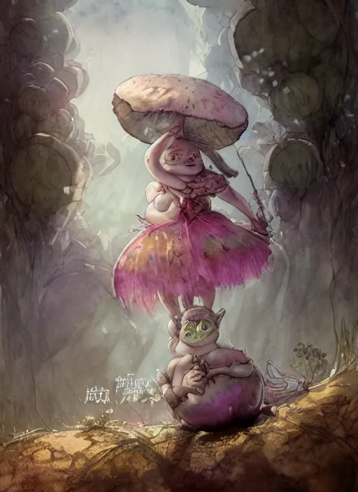 Image similar to A fat goblin princess with a tattered pink tutu, mushroom parasol watercolor, dramatic lighting, cinematic, establishing shot, extremely high detail, foto realistic, cinematic lighting, pen and ink, intricate line drawings, by Yoshitaka Amano, Ruan Jia, Kentaro Miura, Artgerm, post processed, concept art, artstation, matte painting, style by eddie mendoza, raphael lacoste, alex ross