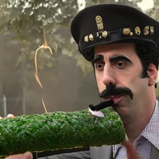 Image similar to Sacha Baron Cohen as borat smoking a giant rolled cannabis cigarette, smoke, 8k, hyper-detailed, cinematic