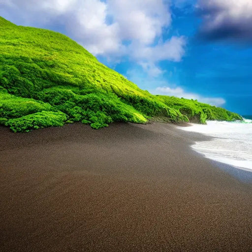 Prompt: realistic photograph of a beach covered in green sand