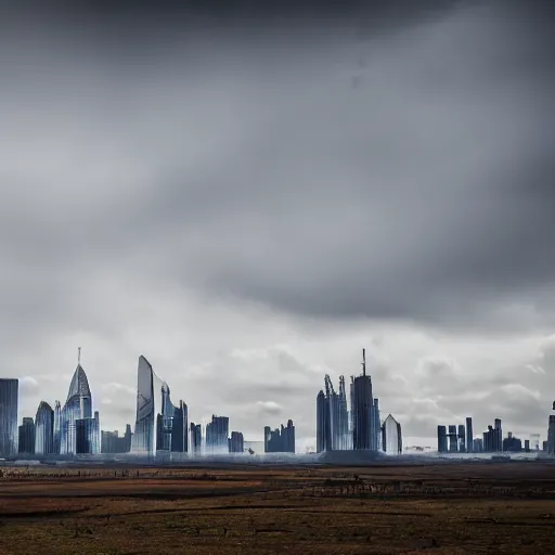 Image similar to Giant megacity looming across the landscape, dystopian, post apocalyptic, XF IQ4, f/22, ISO 200, 1/160s, 8K, RAW, unedited, symmetrical balance, in-frame